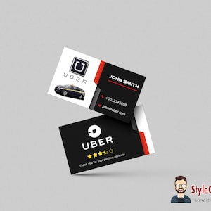 May include: Business cards featuring the Uber logo and a car graphic. One card displays contact information, including a name, phone number, and email. The other card has the Uber logo and a star rating.