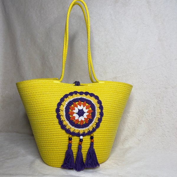 In Turkije gemaakte Boho Chic katoenen tas met touwmouwen: gehaakte tas met Pilaj-motief met een stijlvolle twist
