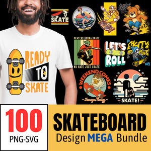 Skateboard Design Mega Bundle - 100 PNG and SVG Files | Retro Skateboarding designs | Urban Skateboarding graphics | Skateboard shirt print
