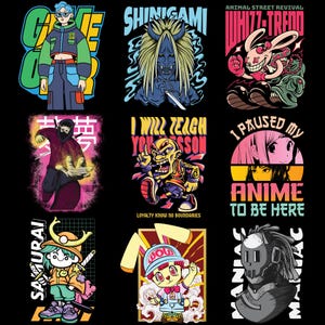 Preview of 9 anime streetwear designs in high resolution with clean and bold illustrations.