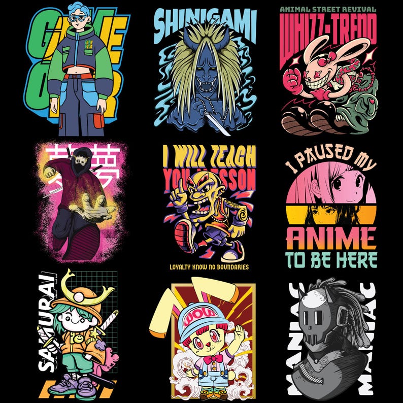 Preview of 9 anime streetwear designs in high resolution with clean and bold illustrations.