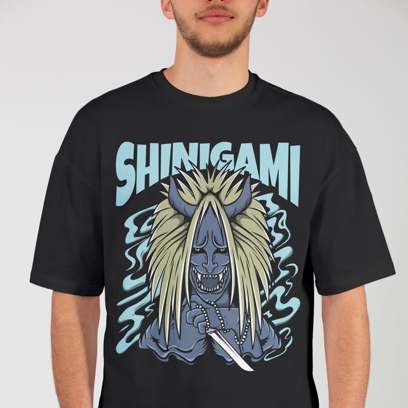 Male model confidently showcasing anime-themed streetwear T-shirt design.