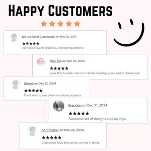 May include: A screenshot of a website displaying positive customer reviews for a graphic design service. The reviews are presented in a white box with a black border and a five-star rating system. The reviews emphasise the quality of the graphics, the interesting patterns, and the professional appearance of the designs.