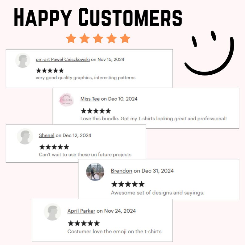 May include: A screenshot of a website displaying positive customer reviews for a graphic design service. The reviews are presented in a white box with a black border and a five-star rating system. The reviews emphasise the quality of the graphics, the interesting patterns, and the professional appearance of the designs.