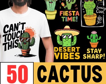 Cactus T-Shirt Design Bundle: 50 PNG & SVG Files (Digital Download)