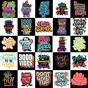 Preview of 25 motivational T-shirt PNG designs, featuring inspiring quotes and uplifting messages for apparel printing.