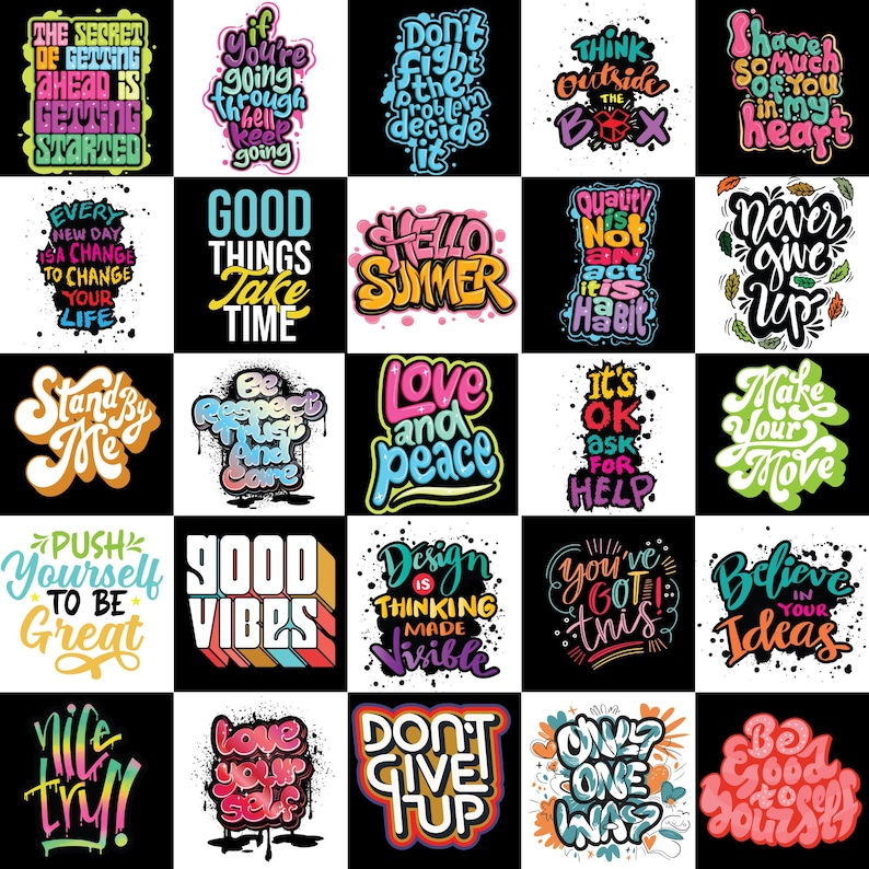 Preview of 25 motivational T-shirt PNG designs, featuring inspiring quotes and uplifting messages for apparel printing.