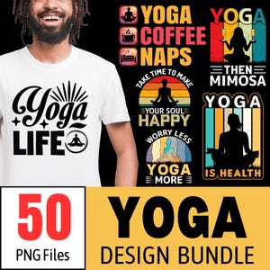 Yoga Design Bundle - 50 PNG Files | Yoga T-Shirt Prints | Meditation Quotes PNG | Spiritual Graphics | Yoga Life png | Motivational Design