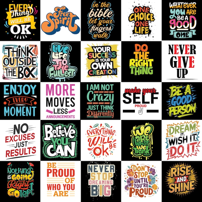 Another showcase of 50 motivational and positive PNG designs, ideal for T-shirts, hoodies, and accessories.