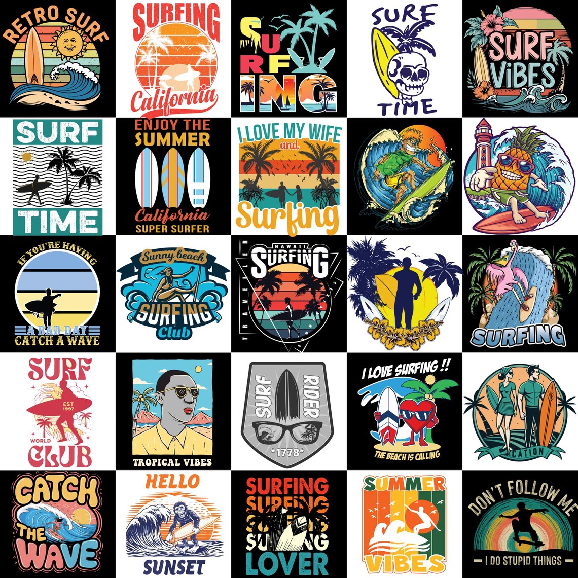 Surf Pattern Shirts Surfing T-shirt Designs: Retro Surf Graphic Bundle (PNG) - Etsy