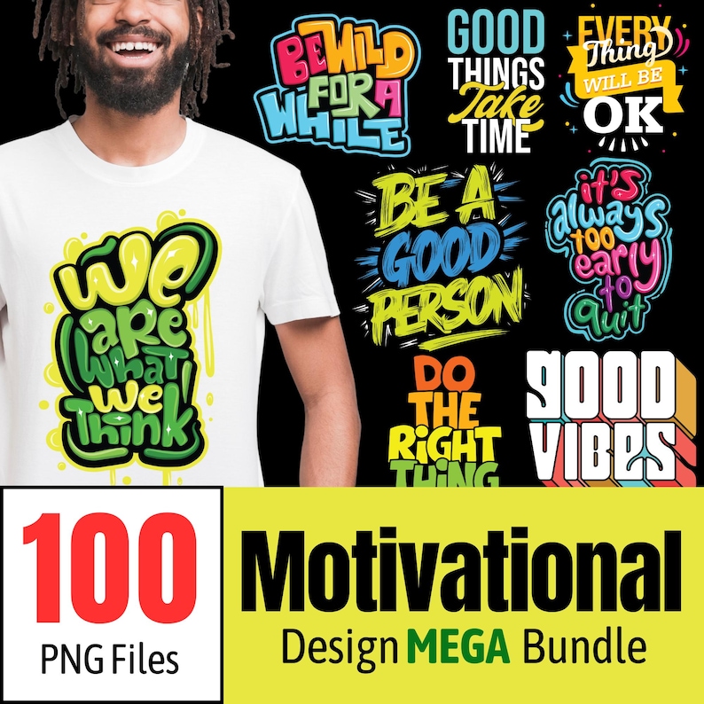 This is the main banner in which boy showcasing a motivational T-shirt with 6-7 design previews in the background, featuring the text 100 Motivational Design Mega Bundle. In which you get 100 PNG Files of motivational quotes to print on.