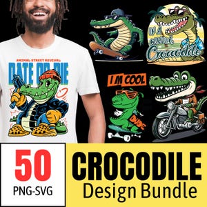 Op de afbeelding: Een wit t-shirt met een cartoon krokodil afbeelding en de tekst "ANIMAL STREET REVIVAL". De afbeelding bevat ook een bundel van 50 krokodil ontwerp graphics in PNG en SVG formaten, met diverse krokodil illustraties.