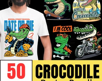 May include: A white t-shirt with a cartoon crocodile graphic and the text "ANIMAL STREET REVIVAL". The image also features a bundle of 50 crocodile design graphics in PNG and SVG formats, with various crocodile illustrations.