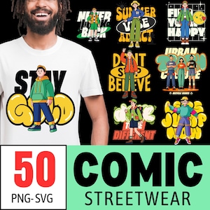Lot de dessins de t-shirts streetwear comique - 50 fichiers PNG-SVG | Designs de style urbain | Graphismes de style décontracté haut de gamme | Culture populaire | PNG hip-hop