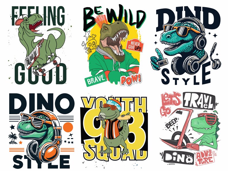 6 roaring dino designs for t-shirt, shirt, tank tops, hoodies, mug etc.