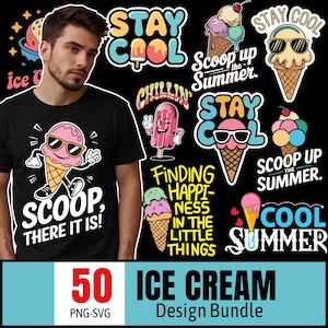Peut inclure: Un t-shirt noir avec une glace en cornet de dessin animé portant des lunettes de soleil et le texte "SCOOP, THERE IT IS!". L'image présente également divers autocollants sur le thème de la crème glacée et le texte "ICE CREAM Design Bundle".