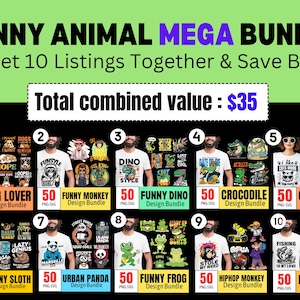 Get 10 listings together and save big amount. In this Bundle you will get 10 different funny animal designs like dog lover, cat lover, funny Dino, Funny frog, funny sloth, funny crocodile, urban panda, funny monkey and fishing design bundle at very low price.