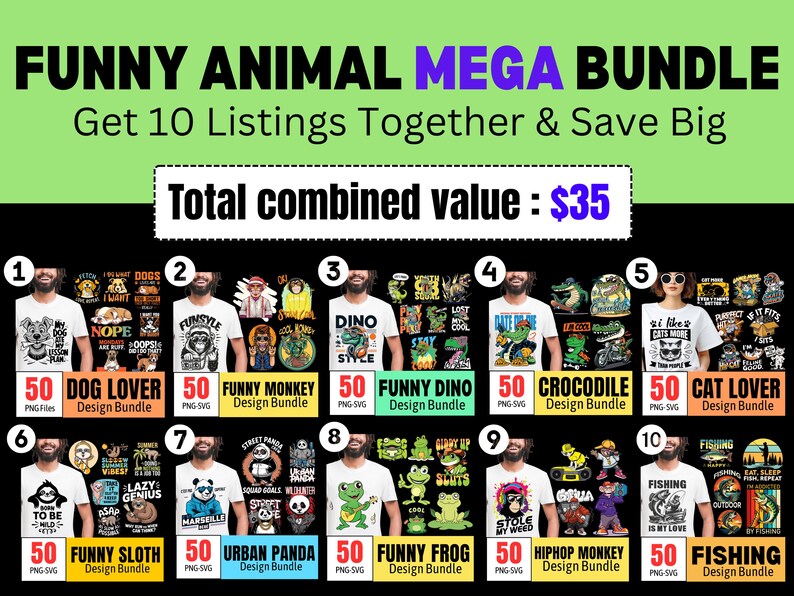 Get 10 listings together and save big amount. In this Bundle you will get 10 different funny animal designs like dog lover, cat lover, funny Dino, Funny frog, funny sloth, funny crocodile, urban panda, funny monkey and fishing design bundle at very low price.