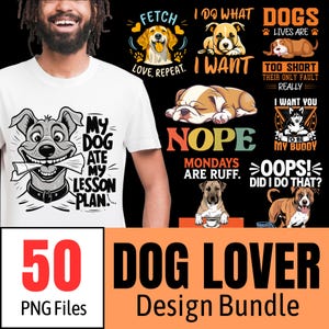Dog Lover T-Shirt Design Bundle PNG | Funny Dog Quotes Sublimation Design | Cartoon Dog Shirt Design Print | Dog Dad | Dog Mom | Dog Clipart