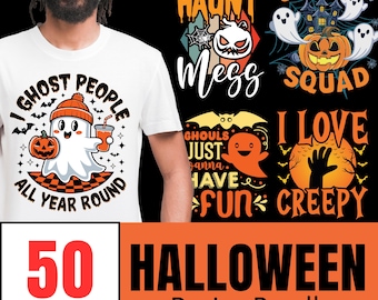 Halloween Shirt Design Bundle: 50 Spooky PNG Files (Digital Download