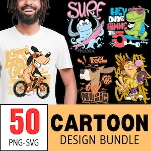 Paquete de diseño de camisetas de dibujos animados: 50 archivos PNG y SVG / Diseño de sublimación de dibujos animados divertidos / Diseños de humor de dibujos animados / Mega paquete de dibujos animados para niños
