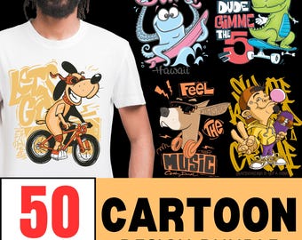 Cartoon T-Shirt Design Bundle: 50 PNG & SVG Files