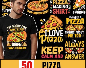 Pizza T-Shirt Design Bundle - 50 PNG and SVG Files (Digital Download)