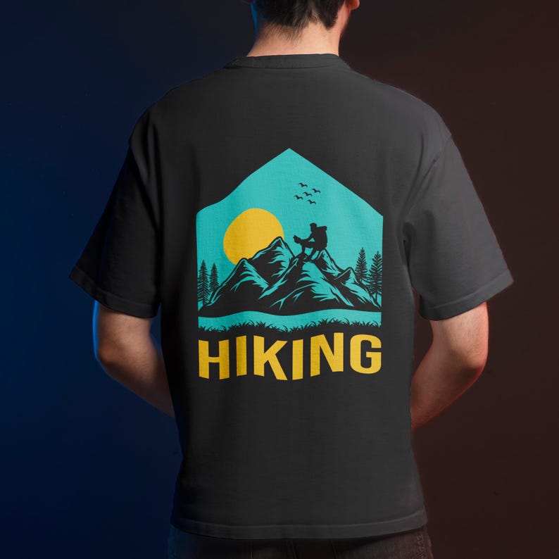 Back-side T-shirt mockup showcasing an adventure-themed design, ideal for adding a unique touch to custom apparel.