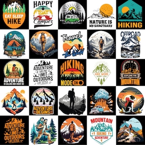 Preview of 25 high-quality adventure-themed T-shirt PNG designs, featuring outdoor, travel, and exploration graphics.