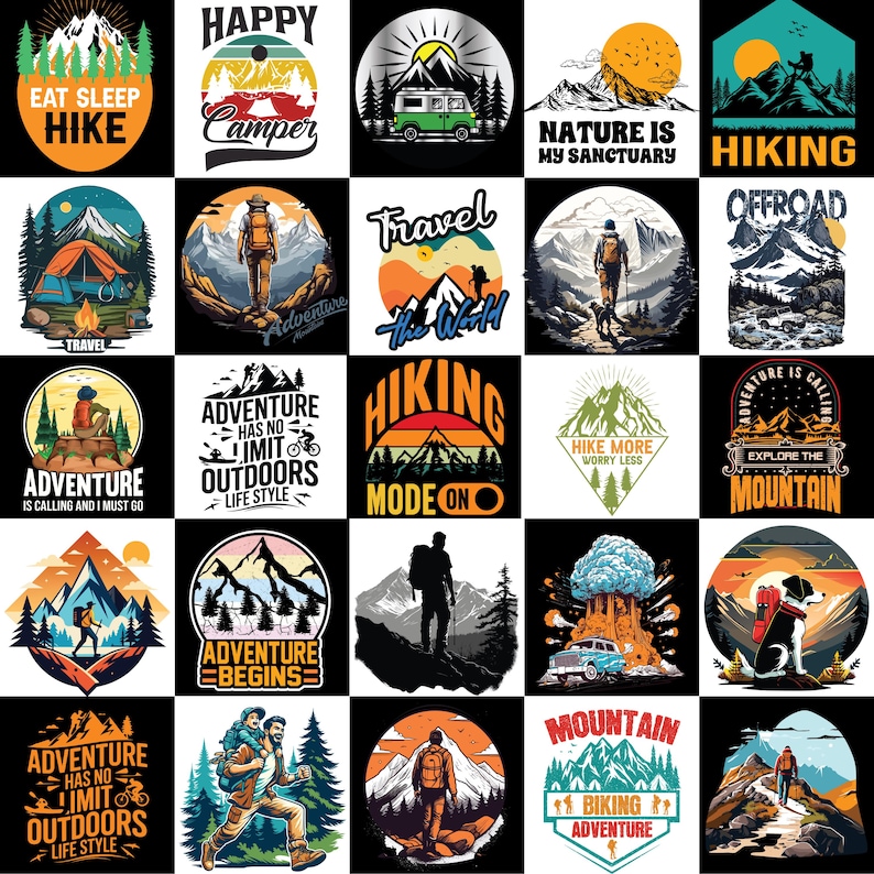 Preview of 25 high-quality adventure-themed T-shirt PNG designs, featuring outdoor, travel, and exploration graphics.