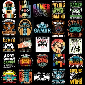 Another showcase of 25 gaming-inspired PNG designs featuring controllers, gaming quotes, and pixel art for apparel and accessories.
