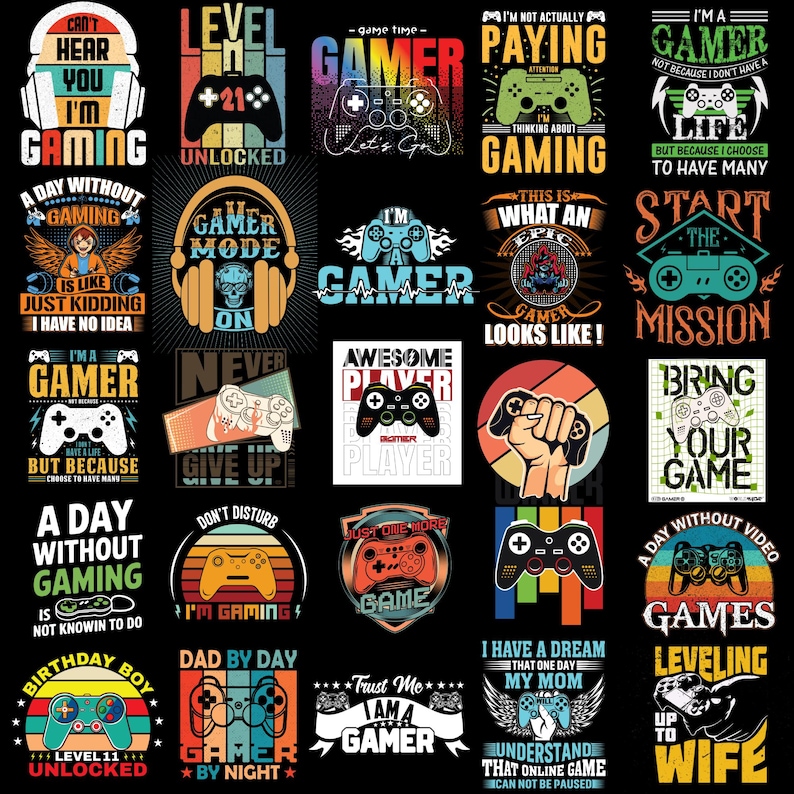 Another showcase of 25 gaming-inspired PNG designs featuring controllers, gaming quotes, and pixel art for apparel and accessories.