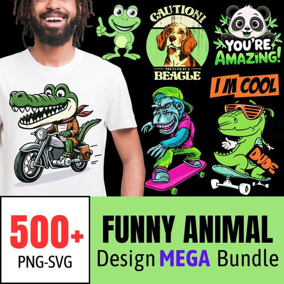 Funny Animal T-Shirt Design Bundle: 500+ PNG & SVG Files