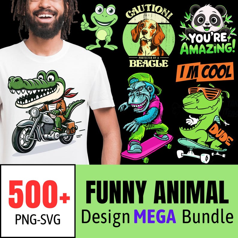 Funny Animal Design Mega Bundle : 500 PNG and SVG Files. The male model showcasing a crocodile riding a bike t-shirt design. and in background 6 to 7 animal themed designs are showcasing.