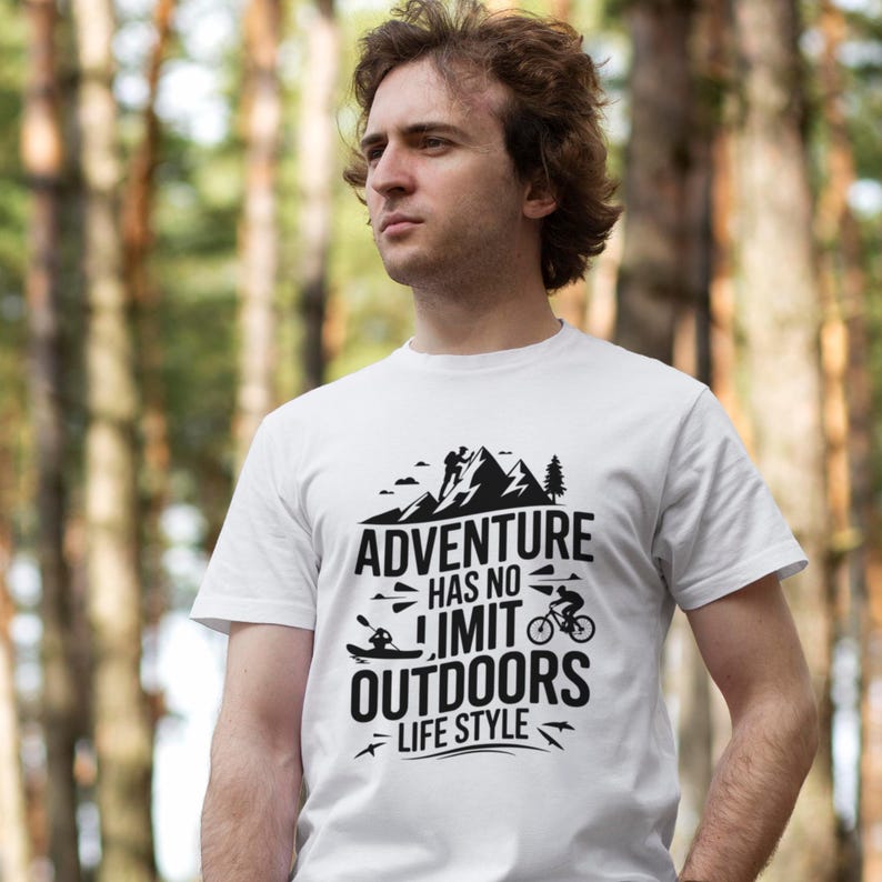 Outgoing boy wearing an adventure-themed T-shirt, featuring a bold and rugged design from the 50 PNG bundle.