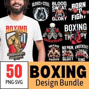 Puede incluir: Una camiseta blanca con un gráfico temático de boxeo y la palabra "BOXING". La imagen también presenta varios diseños relacionados con el boxeo, incluyendo guantes, un esqueleto y el texto "50 PNG-SVG BOXING Design Bundle".