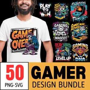 Gamer Design Bundle - 50 fichiers PNG et SVG | Dire drôle de joueur | Pack sublimation pour joueur | Manette de jeu SVG | Citations de joueurs | Jeu vidéo