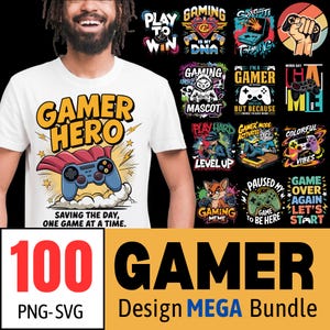 Gamer Design Mega Bundle - 100 fichiers PNG/SVG | Pack sublimation pour joueur | Design de t-shirt de jeu PNG | Citation drôle de joueur | Jeux vidéo png