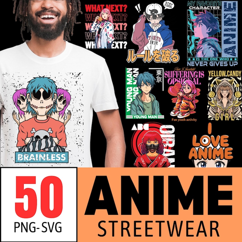 This is the main banner. In which male model wearing anime streetwear T-shirt and 7–8 cartoon-style similar designs displayed in the background.