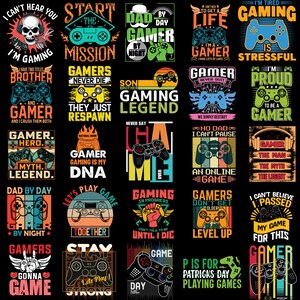 Preview of 25 high-quality gaming-themed PNG designs, perfect for gamers, streamers, and T-shirt printing