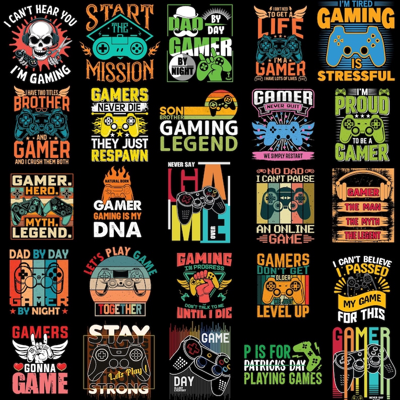 Preview of 25 high-quality gaming-themed PNG designs, perfect for gamers, streamers, and T-shirt printing