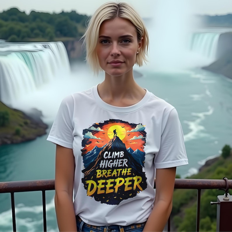 Outgoing girl showcasing an outdoor adventure T-shirt design, ideal for hikers, campers, and explorers.