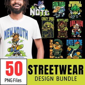 50 Urban Style Streetwear T-Shirt Design Bundle 2025 | All new Funky Designs | Fashion Illustration | Hip-hop Style | Cool Clothing Design