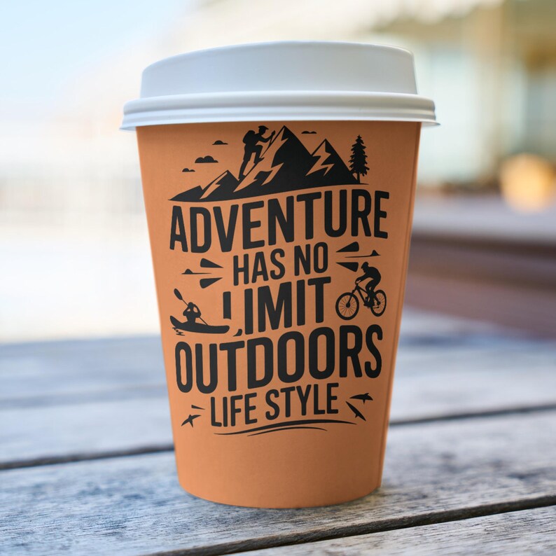 Coffee cup mockup featuring an adventure quote design, perfect for outdoor enthusiasts and coffee lovers.