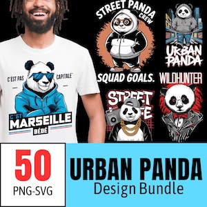 Urban Panda shirt Design Bundle - 50 PNG and SVG Files | Streetwear Panda PNG | Cool Hip-Hop Gangster Panda | Panda Lover Shirt Design Print