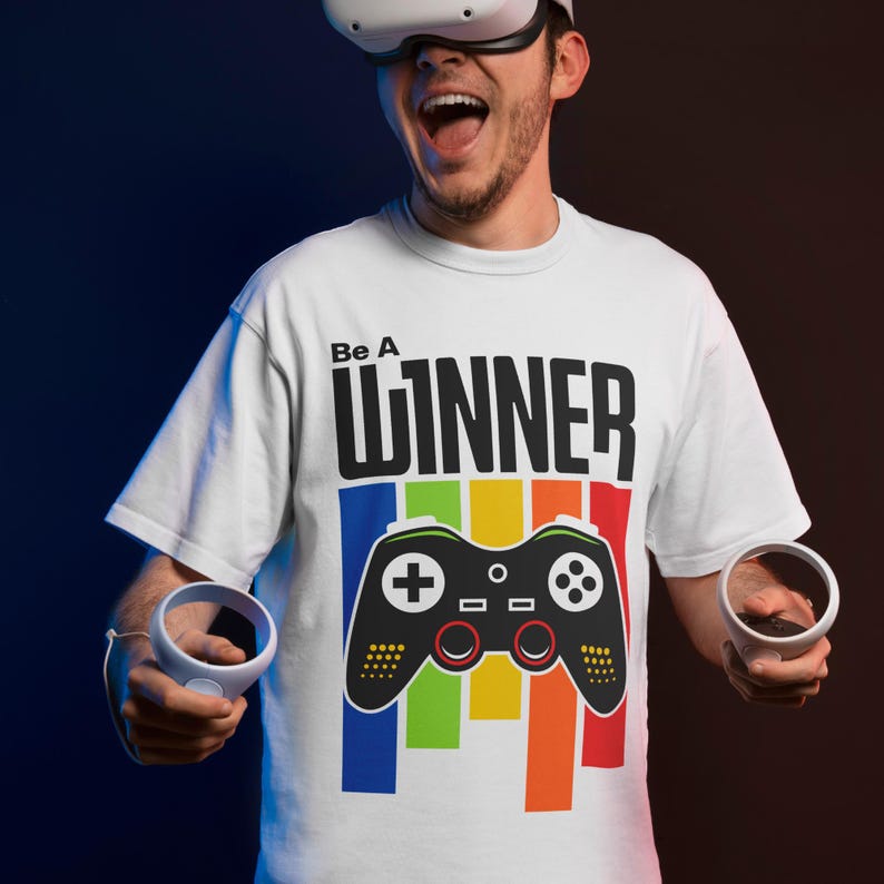 Men’s gamer T-shirt mockup displaying a fun and stylish gaming graphic from the 50 PNG bundle.