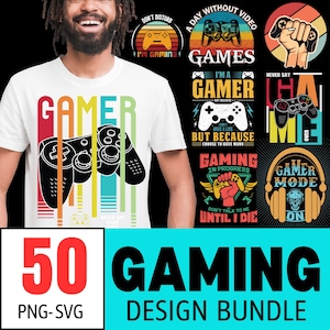 以下が含まれることがあります： PNGとSVG形式の50個のゲームデザインバンドルグラフィックのセット。グラフィックは、「邪魔しないでください、ゲームをしています」、「ビデオゲームのない日」、「私はゲーマーです」、「ゲーマーは終わりません」、「ゲーム進行中」、「ゲーマーモードオン」などのテキストを含むカラフルなデザインを特徴としています。
