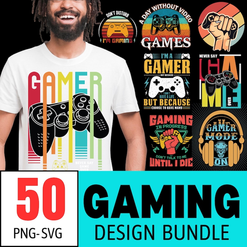 Male model wearing a white gaming T-shirt,and 6-7 gaming-themed PNG designs displayed in the background, showcasing the bundle’s variety.