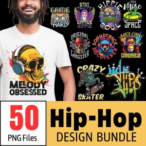 T-shirts hip-hop tendance : lot de 50 modèles PNG | Illustrations de dessins animés dynamiques | Design de personnage mascotte (Streetwear) | Designs de style urbain