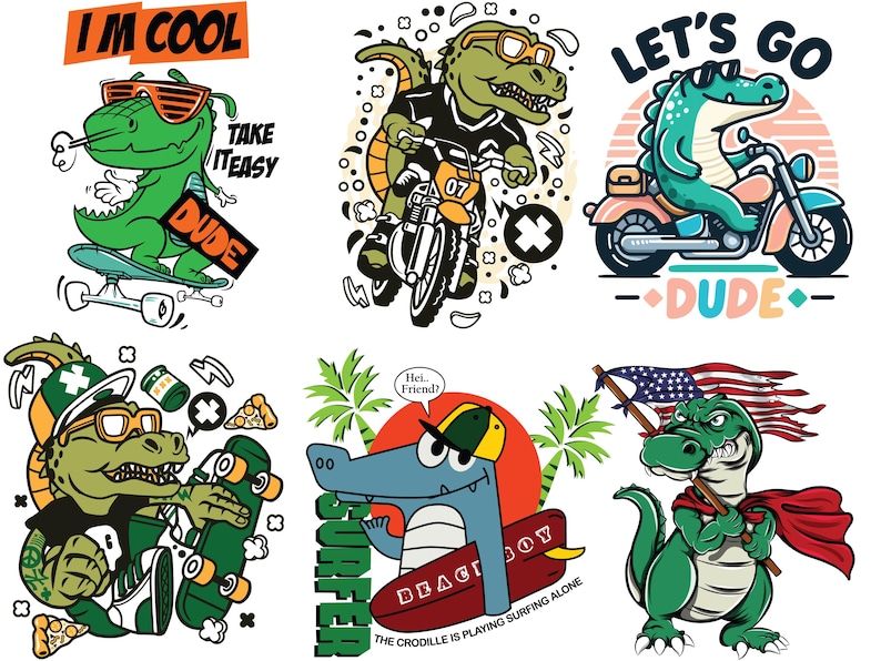 6 funny crocodile t-shirt design vectors.